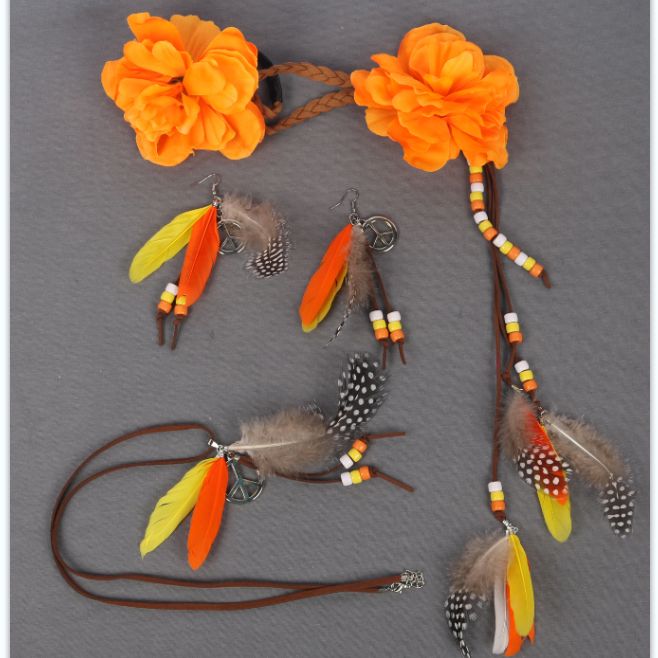 A large orange feathered headpiece, a feather necklace, earrings and a masquerade ball suit