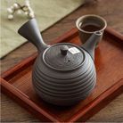 日本进口常滑烧黑泥螺纹手拉壶一心作朱泥茶壶侧把壶日式泡茶壶