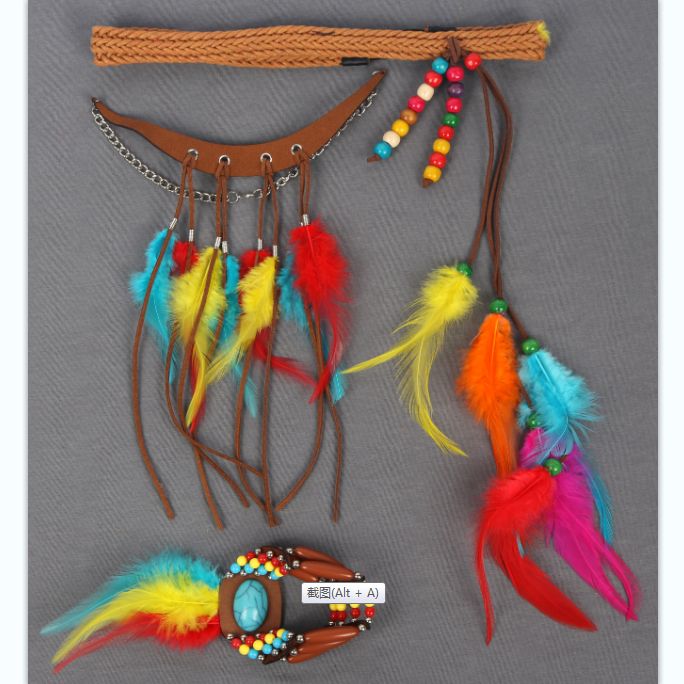 Three-piece masquerade ball set with colorful feathers, headwear, necklace and bracelet