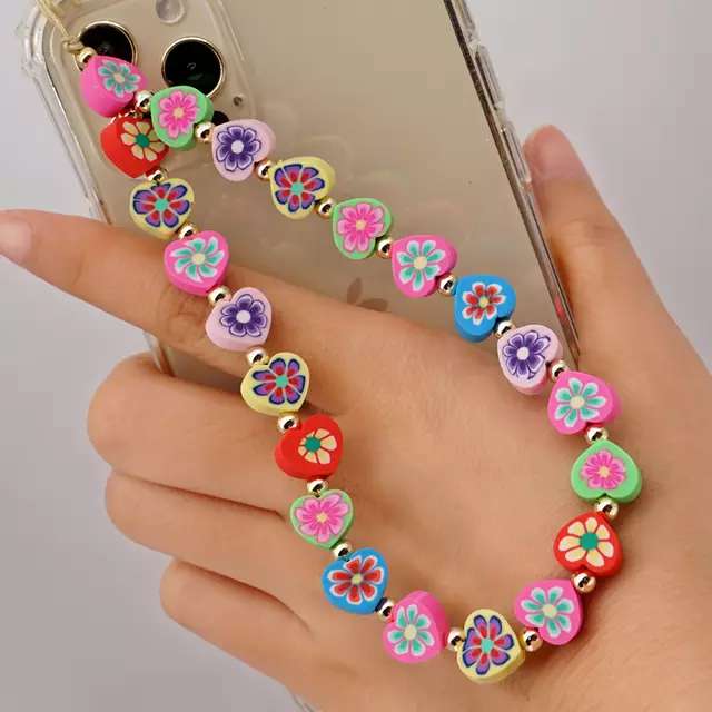 Rose Angel colorful soft clay golden flower Fruit heart mobile phone chain lanyard is a fashionable bestseller pic 1