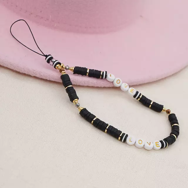 Rose Angel Bohemian color Black soft clay letter mobile phone chain lanyard Item Picture