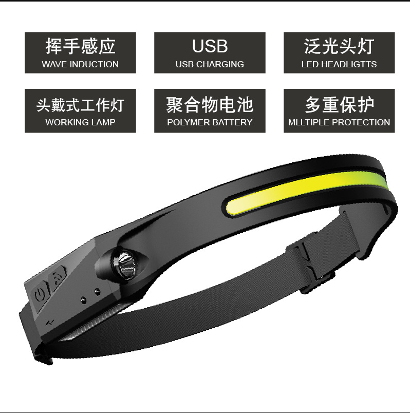 跨境挥手感应COB头灯户外骑行USB充电夜跑步灯LED强光头灯探照灯YL-008