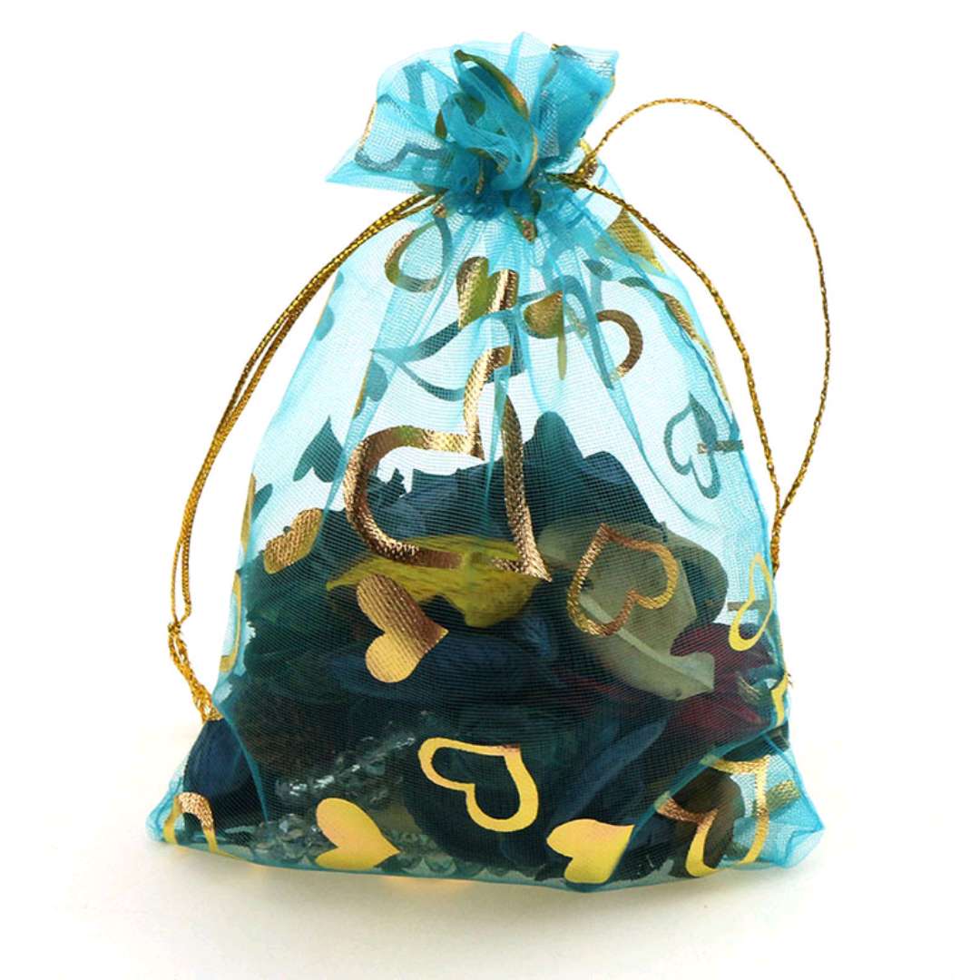 8宝兰桃心袋厂家直销大量现货烫金印花礼品欧根纱袋 抽绳束口糖果饰品包装袋详情1