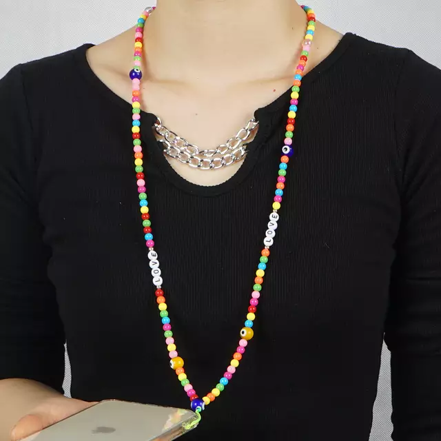 Rose Angel Colorful beaded long mobile phone chain lanyard Bohemian Devil Eye letter mobile phone lanyard details Picture