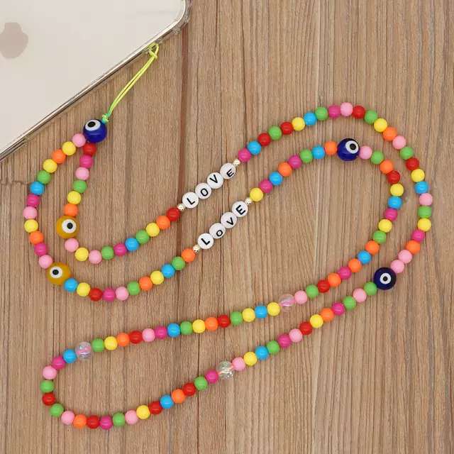 Rose Angel Colorful beaded long mobile phone chain lanyard Bohemian Devil Eye letter mobile phone lanyard detail image 1