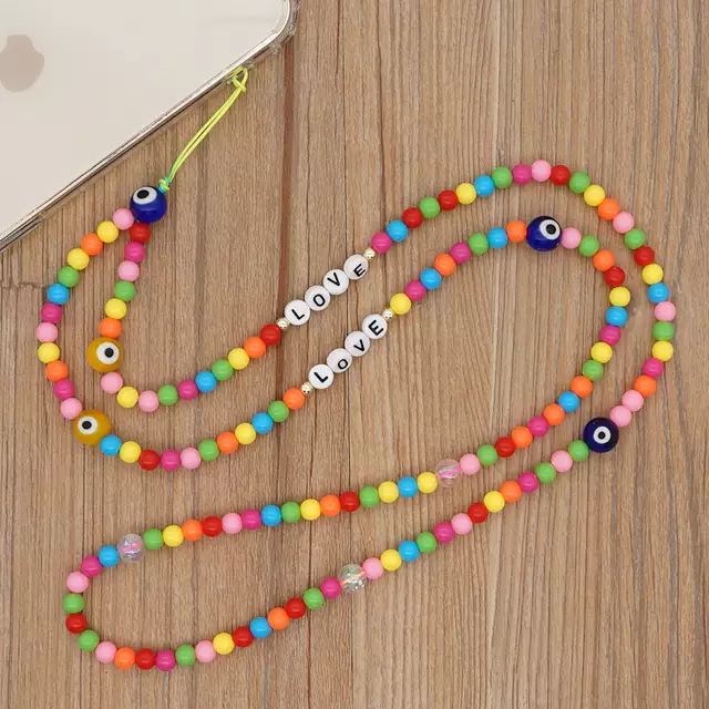 Rose Angel Colorful beaded long mobile phone chain lanyard Bohemian Devil Eye letter mobile phone lanyard Item Picture
