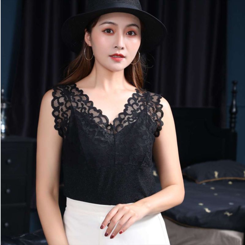 新款上市时尚蕾丝花边无袖V领上衣韩版女士背心产品图