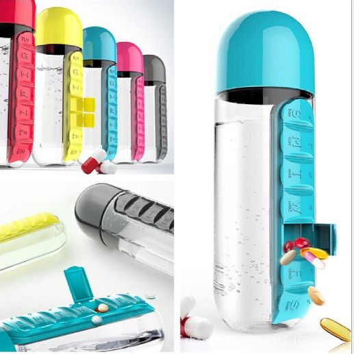 Portable plastic pill box water bottle