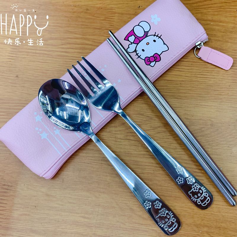厂家直销 不锈钢304 儿童餐具套装 勺叉筷便携幼儿园  hellokitty 小猫三件套套装