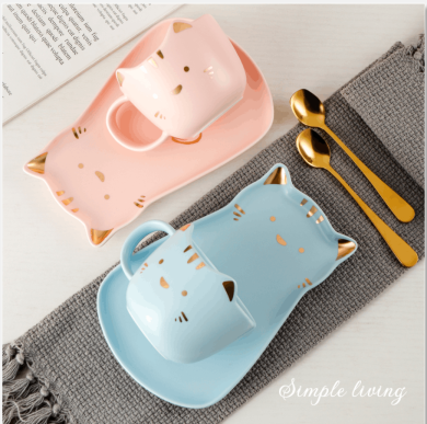 Nordic Style Cat Cup Saucer Spoon Home Office Coffee Shop Afternoon Tea Set Instagram Red Ceramic Cup full figure