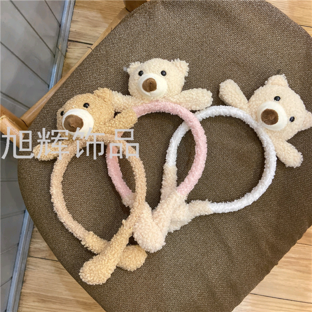 秋冬新款毛绒兔耳朵小熊头箍外出毛绒发捆发箍韩国可爱羊羔毛发卡