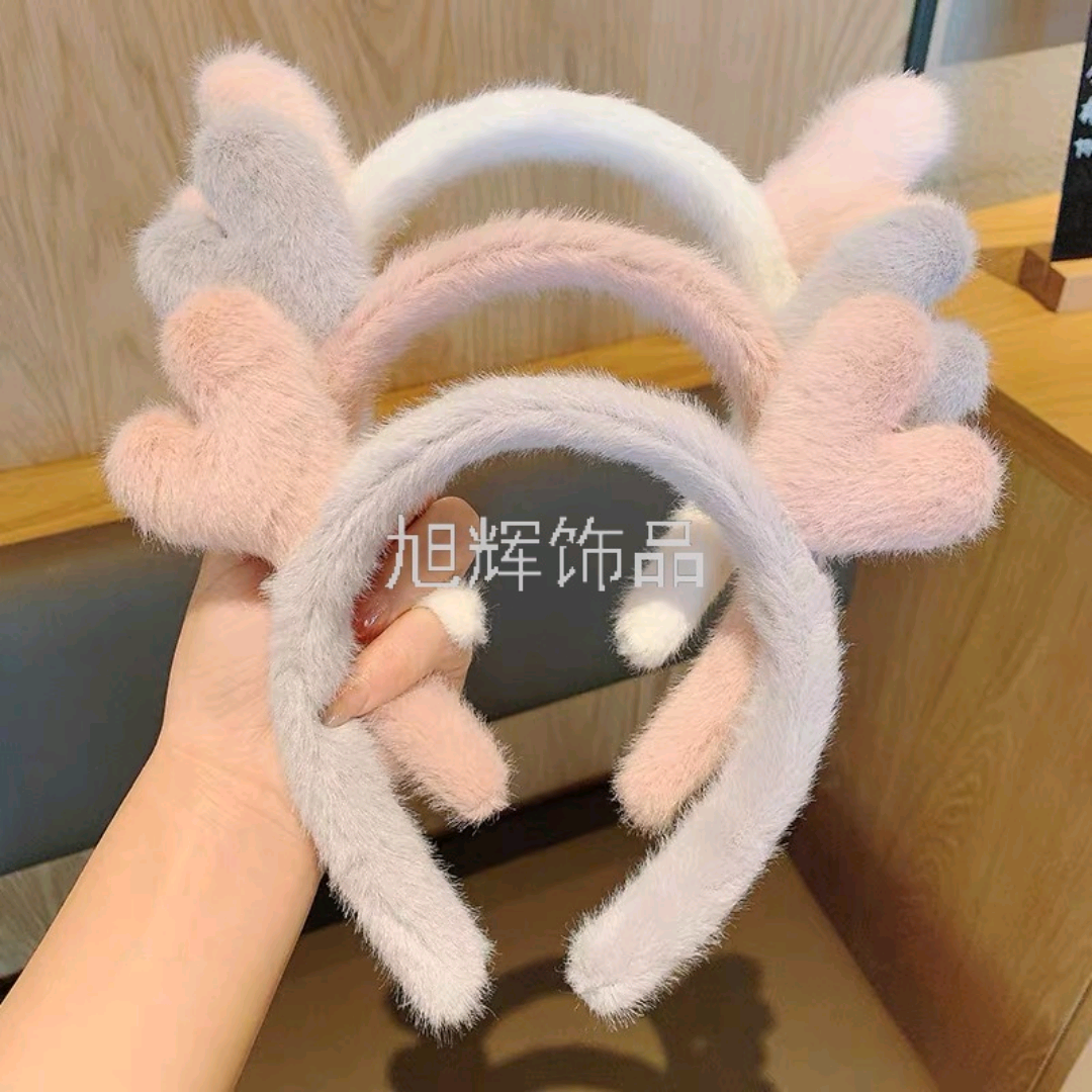 厂家直销秋冬季女士可爱洗脸鹿角毛绒发箍圣诞节头箍头饰一件代发
