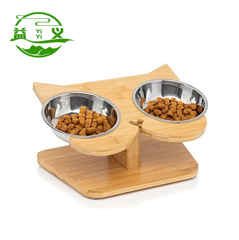 竹制 宠物碗架 猫形宠物用品 猫碗架 狗狗喂食器 不锈钢碗