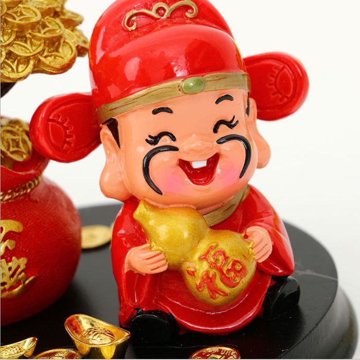 创意树脂工艺品财神爷发财树搭配铜钱元宝家居装饰摆件