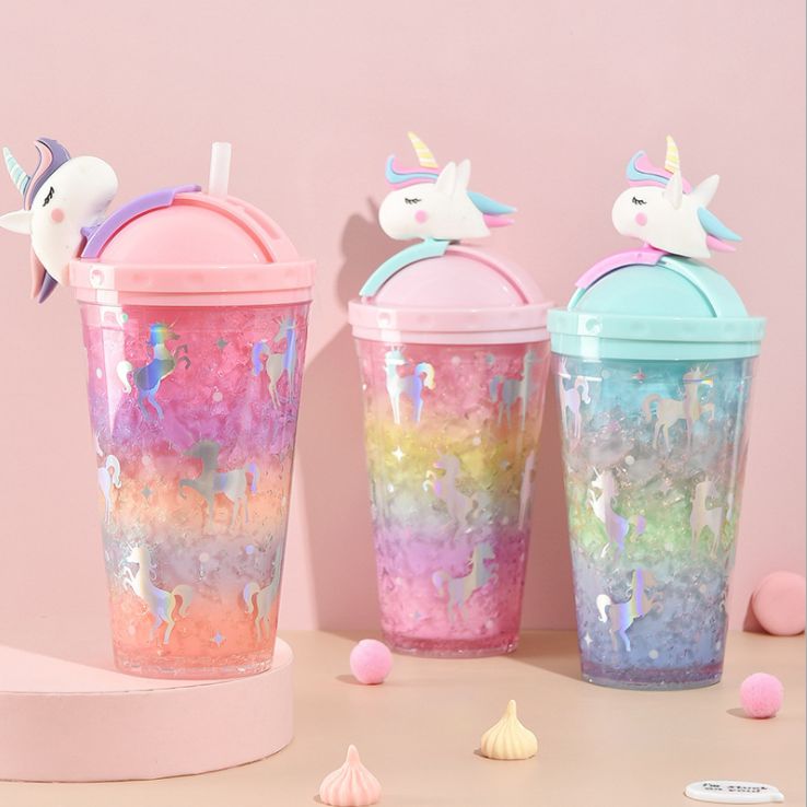 Water cup Unicorn ice cup cooling ins girl student double plastic sippy cup handy cup