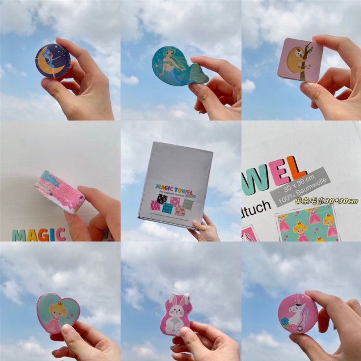 Cartoonish and cute multi-style patterned compressed towels details Picture