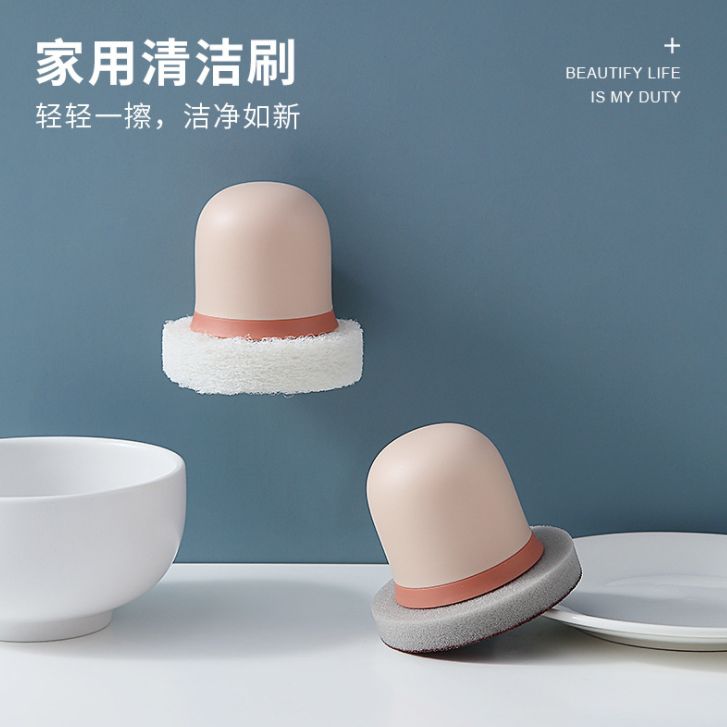 Sponge cleaner for home use, hand-safe dishwashing brush, trendy design, simple and solid color, with handle for cleaning POTS and dishes details Picture