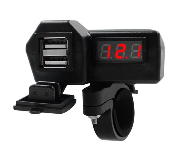 Motorcycle retrofit dual USB charging interface with monitoring voltmeter USB5V 3.1A full figure