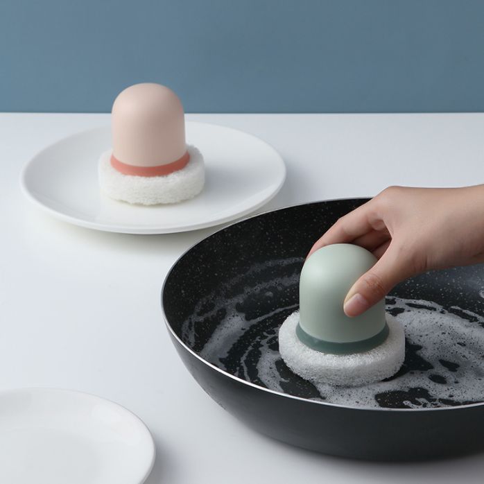 Sponge cleaner for home use, hand-safe dishwashing brush, trendy design, simple and solid color, with handle for cleaning POTS and dishes Application Scenario