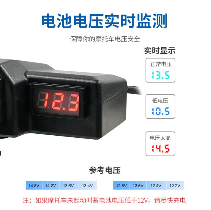 Motorcycle retrofit dual USB charging interface with monitoring voltmeter USB5V 3.1A details Picture