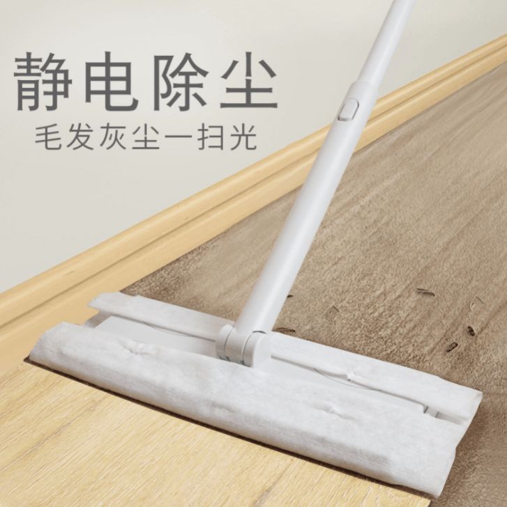 Creative uses a lazy mop to drag disposable flat floor mops