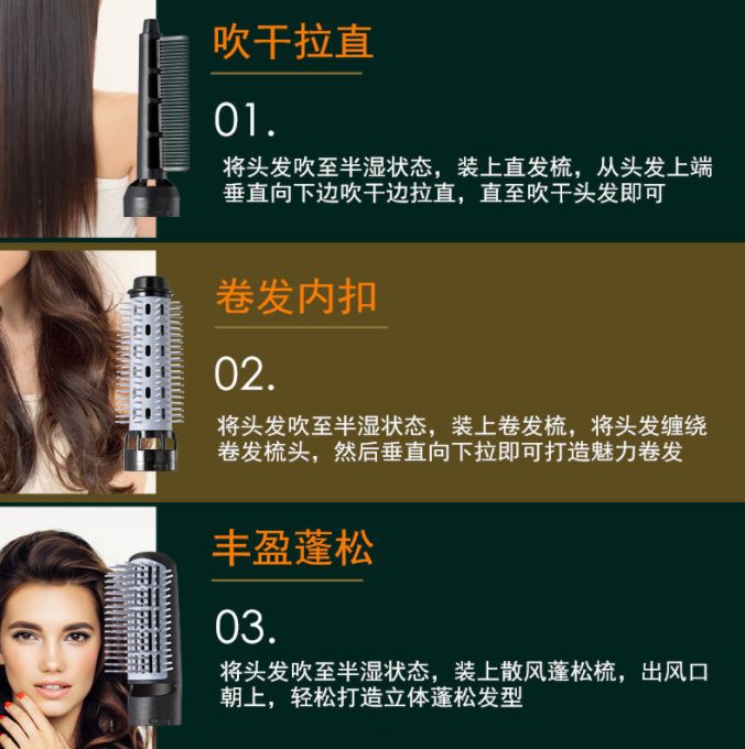 Three-in-one detachable hot air comb, dry and wet dual-purpose negative ion hair straightener, curling iron and hair dryer Application Scenario