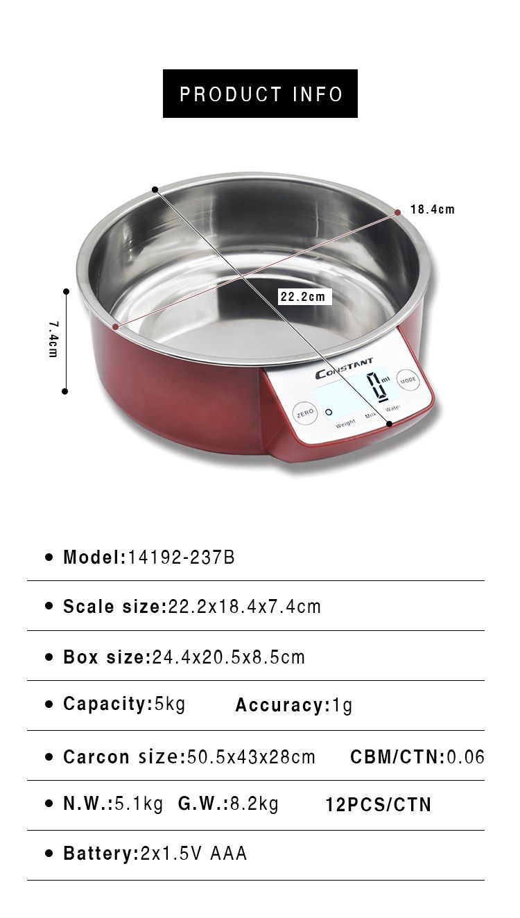 [Constant-237B]英文5kg碗厨房秤食物称厨房电子秤不锈铁锅式家用烘焙1g高精度详情1