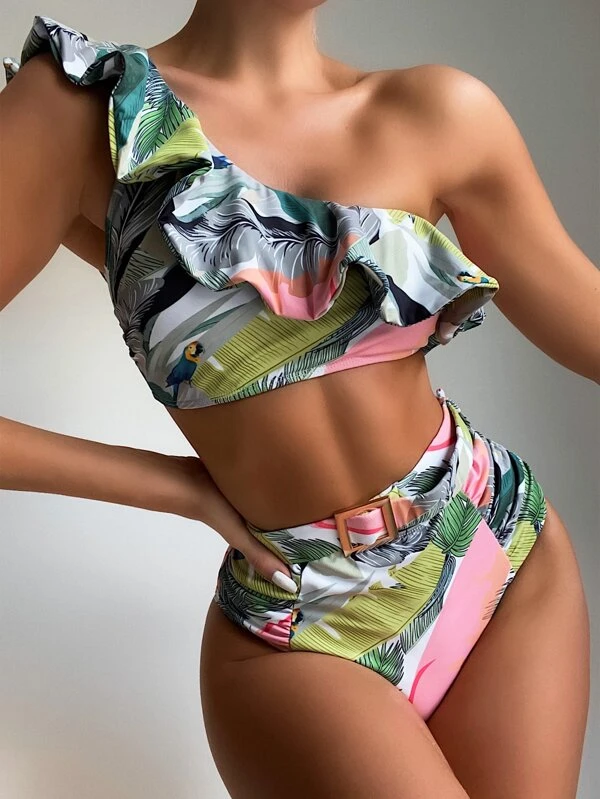 Tropical Flounce One Shoulder Bikini Swimsuit undefined