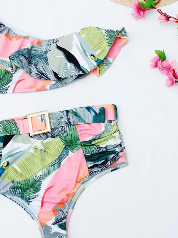 Tropical Flounce One Shoulder Bikini Swimsuit Specification drawing