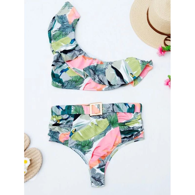 Tropical Flounce One Shoulder Bikini Swimsuit Specification drawing