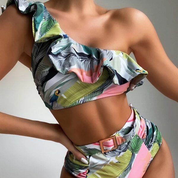 Tropical Flounce One Shoulder Bikini Swimsuit full figure