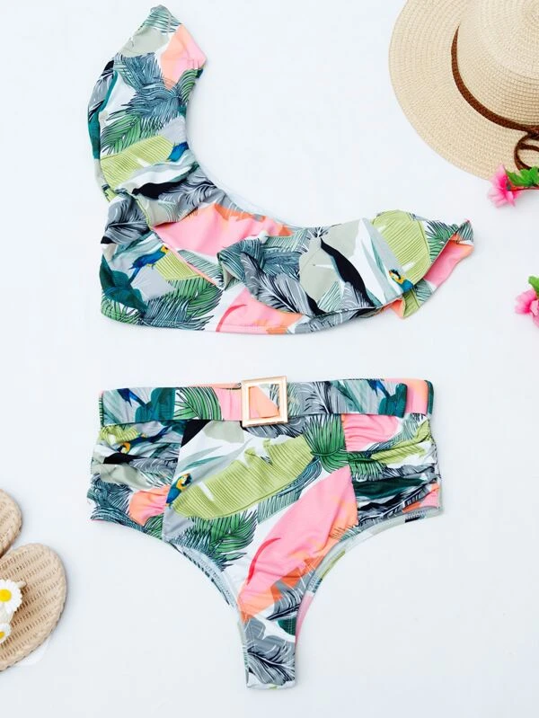 Tropical Flounce One Shoulder Bikini Swimsuit details Picture
