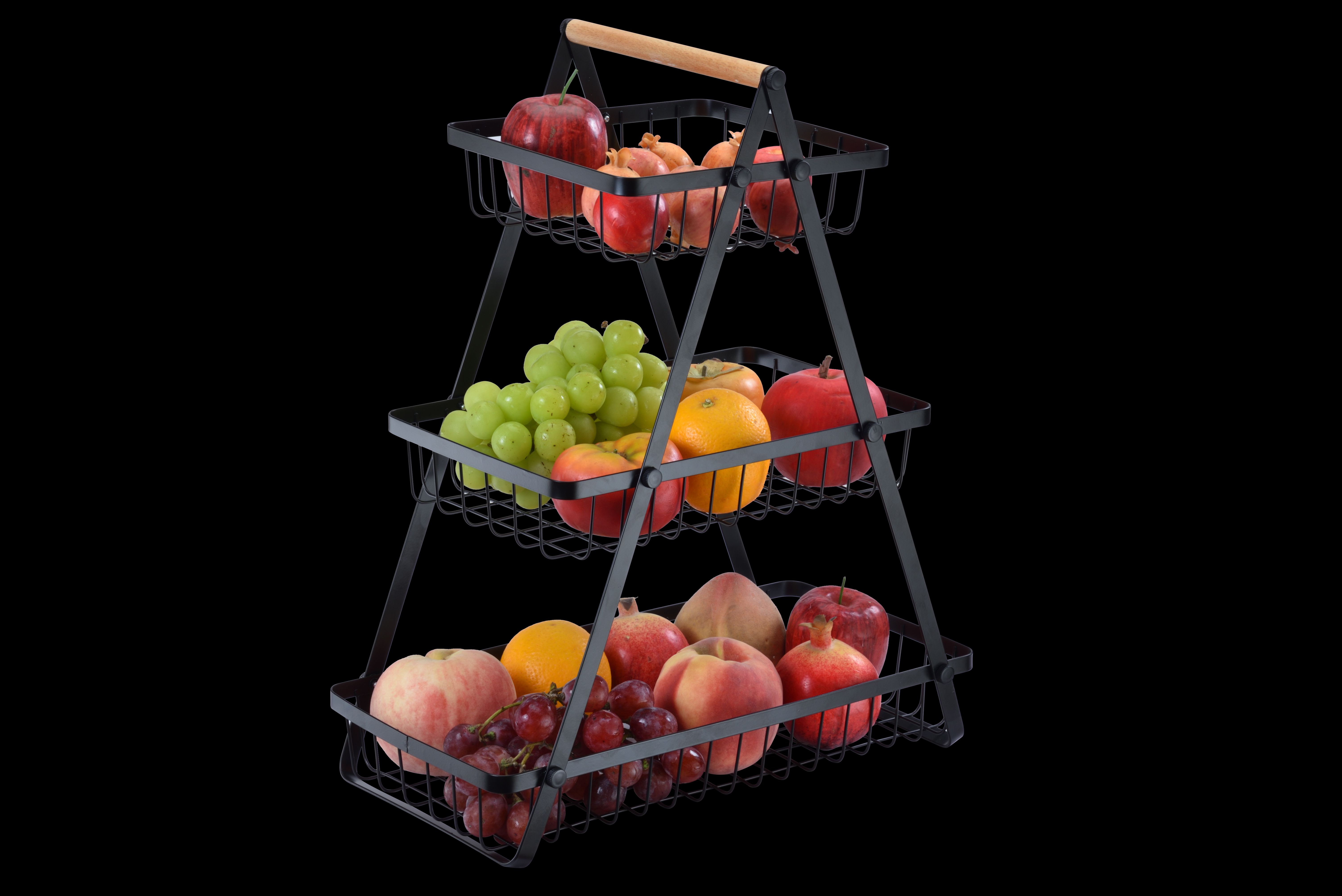 Three-tiered fruit baskets, shelves and bread racks