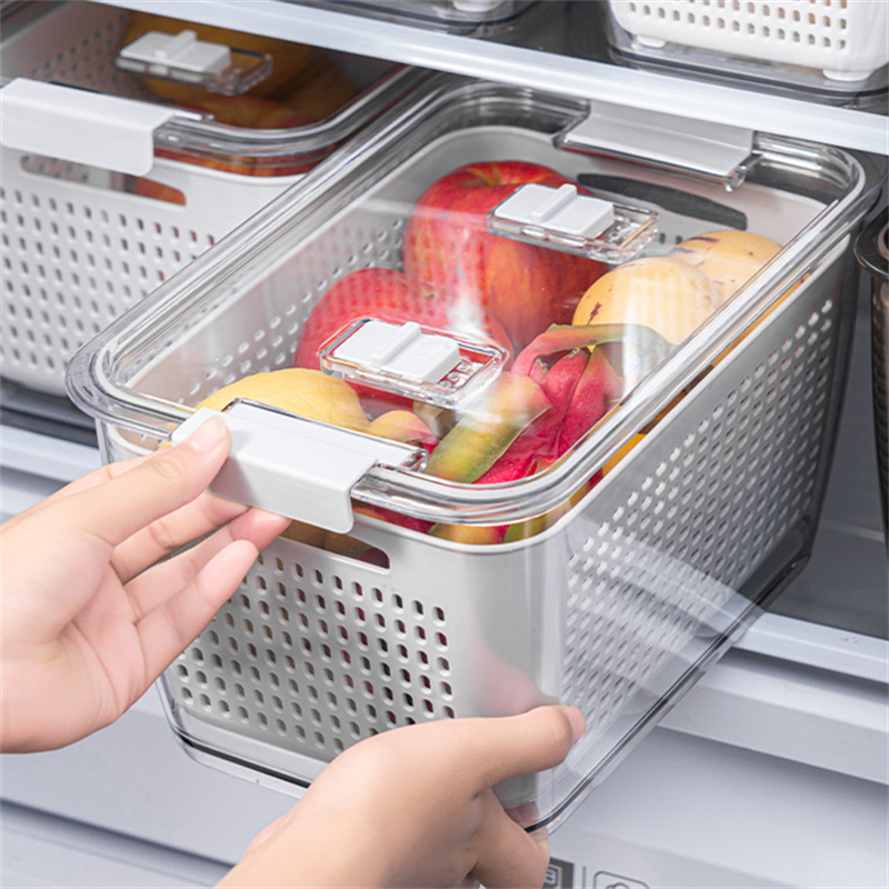 家用冰箱保鲜盒可以上下隔断也可以左右隔断的厨房双层沥水篮带盖洗水果洗菜篮子塑料有透气孔的收纳盒详情1