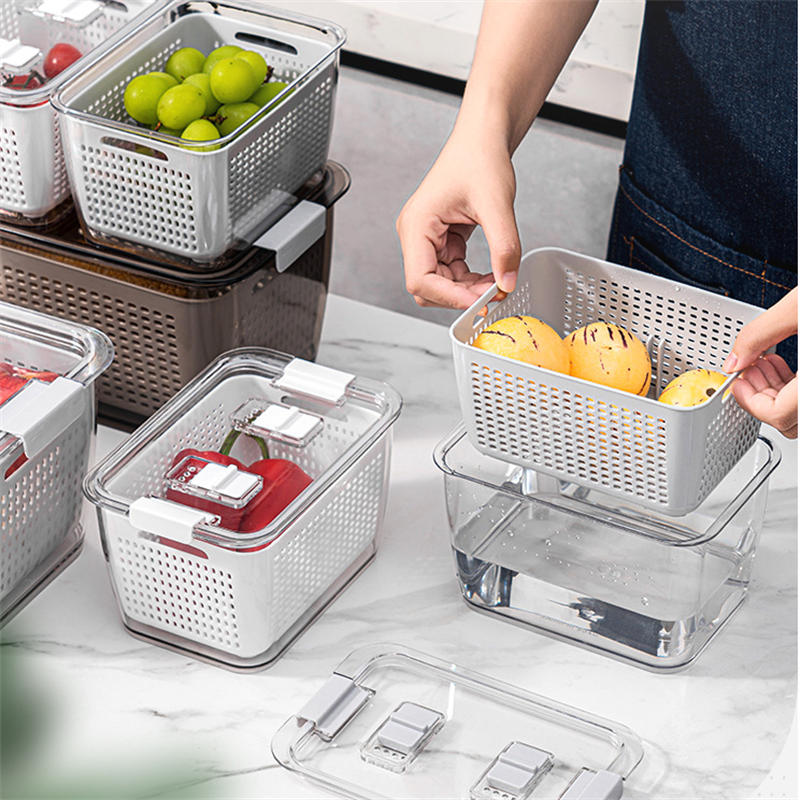 家用冰箱保鲜盒可以上下隔断也可以左右隔断的厨房双层沥水篮带盖洗水果洗菜篮子塑料有透气孔的收纳盒详情3