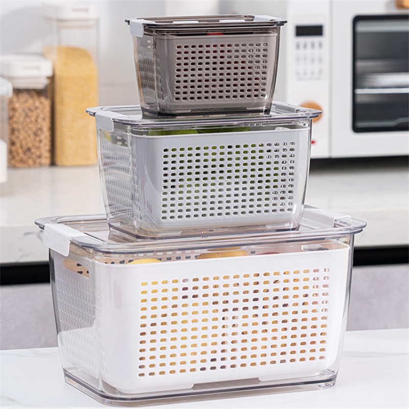 家用冰箱保鲜盒可以上下隔断也可以左右隔断的厨房双层沥水篮带盖洗水果洗菜篮子塑料有透气孔的收纳盒详情10