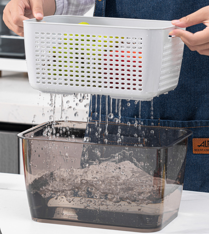 家用冰箱保鲜盒可以上下隔断也可以左右隔断的厨房双层沥水篮带盖洗水果洗菜篮子塑料有透气孔的收纳盒详情4