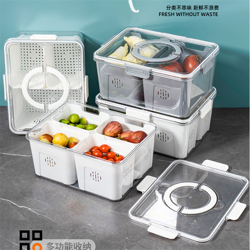 冰箱PET多格子收纳盒手提分隔沥水盒食品级食物蔬菜保鲜盒冰箱冷冻分隔分类保鲜盒详情5