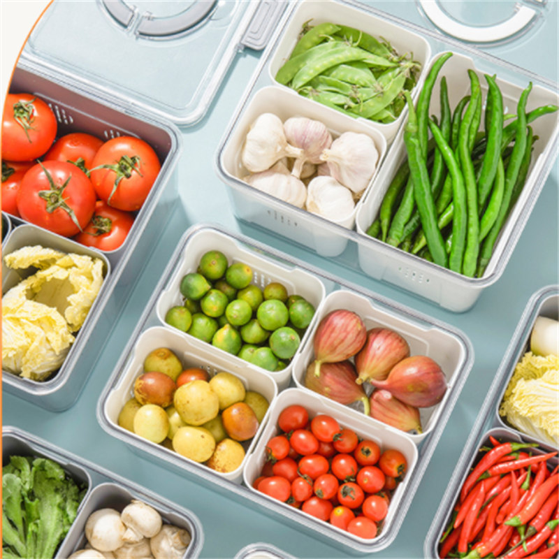 冰箱PET多格子收纳盒手提分隔沥水盒食品级食物蔬菜保鲜盒冰箱冷冻分隔分类保鲜盒详情1