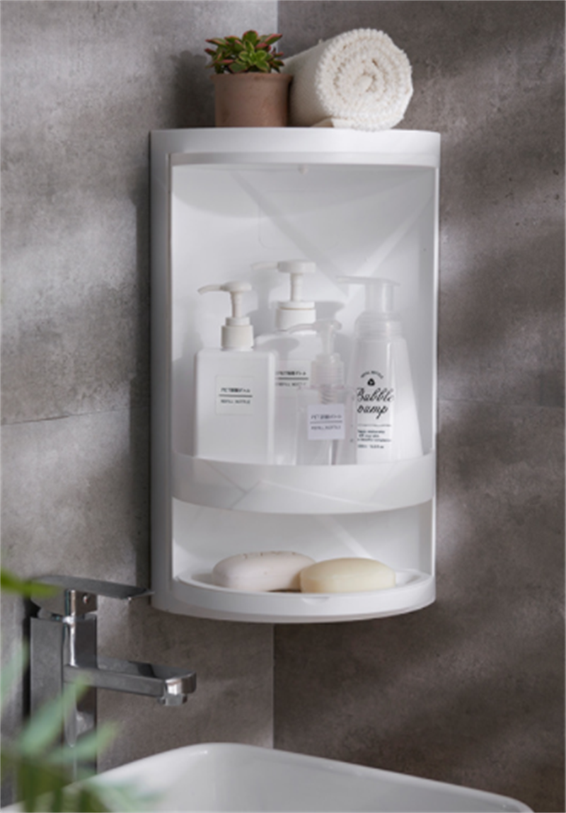 浴室旋转三角置物架吸壁挂壁塑料收纳整理架厨房卫浴防尘储物柜墙角架化妆台面收纳盒详情8