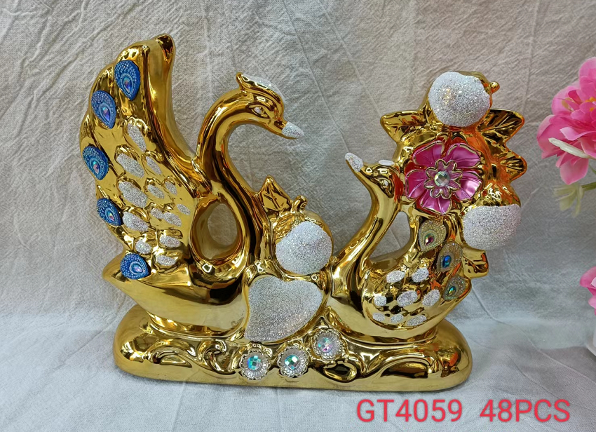 宝仙工艺品陶瓷摆件天鹅金色新款4059详情1
