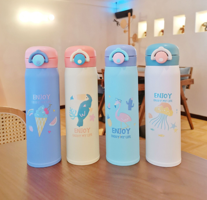 New Mori Series Stainless Steel Vacuum Thermos Cup With Spring Lid Cute Cartoon Student Portable Water Cup