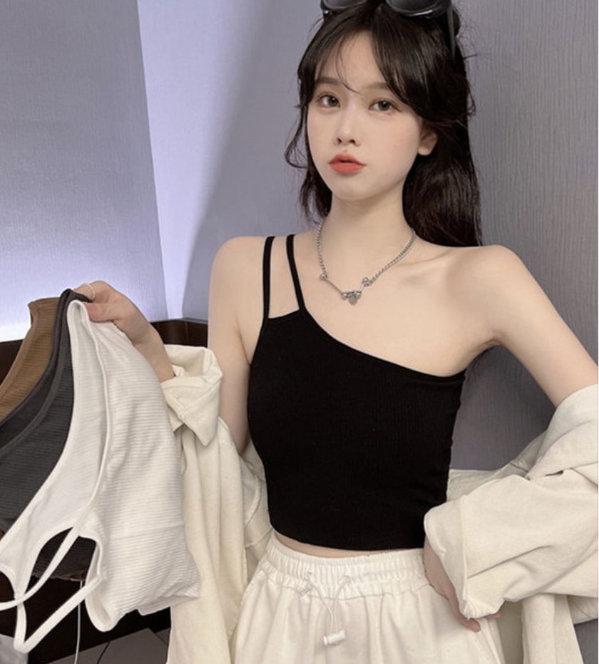 斜肩小吊带背心女内搭夏季打底美背无袖性感独特辣妹针织上衣