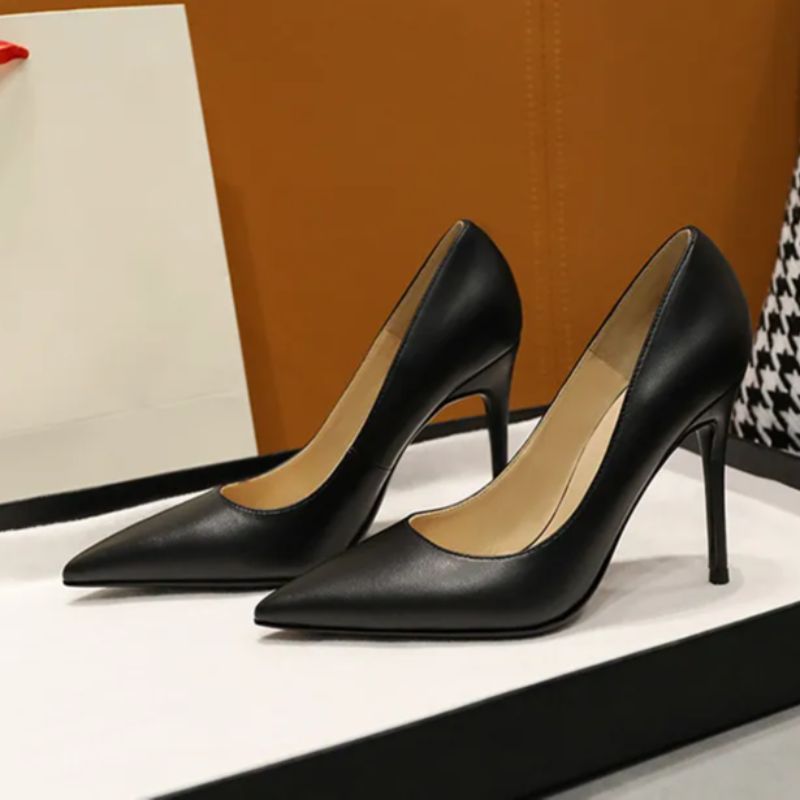 2022 New Black Professional High Heels Female Pointy Shallow Mouth Slim Heel Shoes details Picture