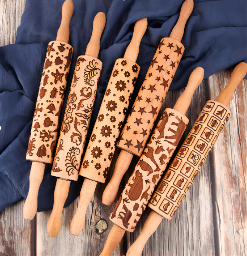 New Vintage Embossed Rolling Pin Roller Embossed Fondant Cookies Cookie Dough Rolling Stick Christmas Baking Christmas Creative Rolling Pin Printed Cookies Solid Wood Pressing Stick Home Kitchen Embossed Rolling Pin Activity Rolling