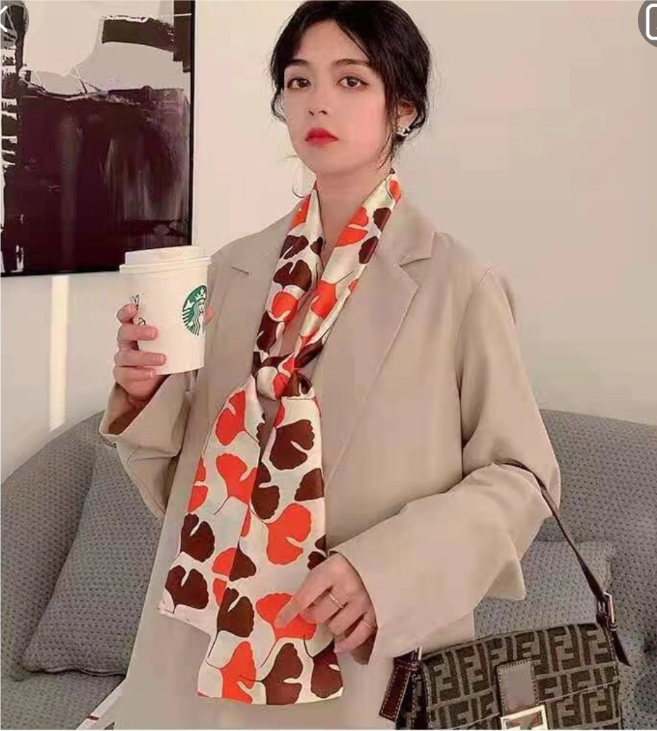 Spring And Autumn Long Small Silk Scarf Decoration With Korean Narrow Ribbon Spring Style Scarf Scarf Women Thin Orange Silk Scarf Edge Printing details Picture