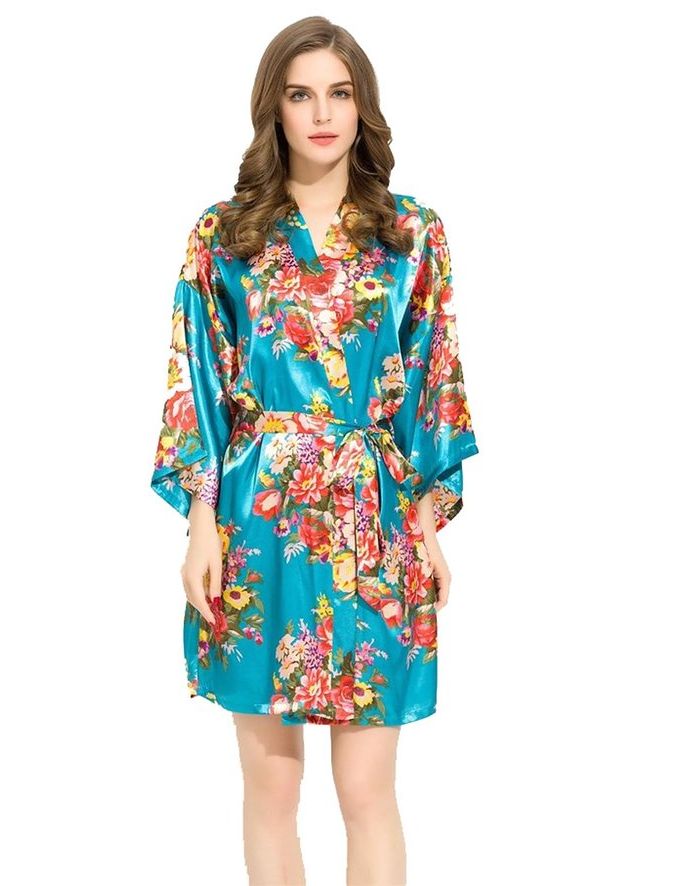 Silk Pajamas Makeup Robe Print Holding Flowers Bridesmaid Bride Robe Silk Feel Bathrobe Specification drawing