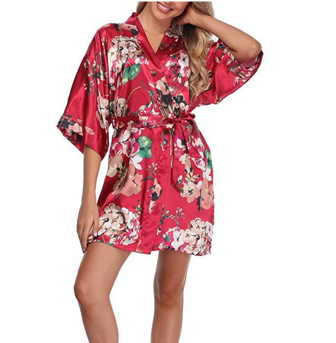 Silk Pajamas Makeup Robe Print Holding Flowers Bridesmaid Bride Robe Silk Feel Bathrobe Item Picture