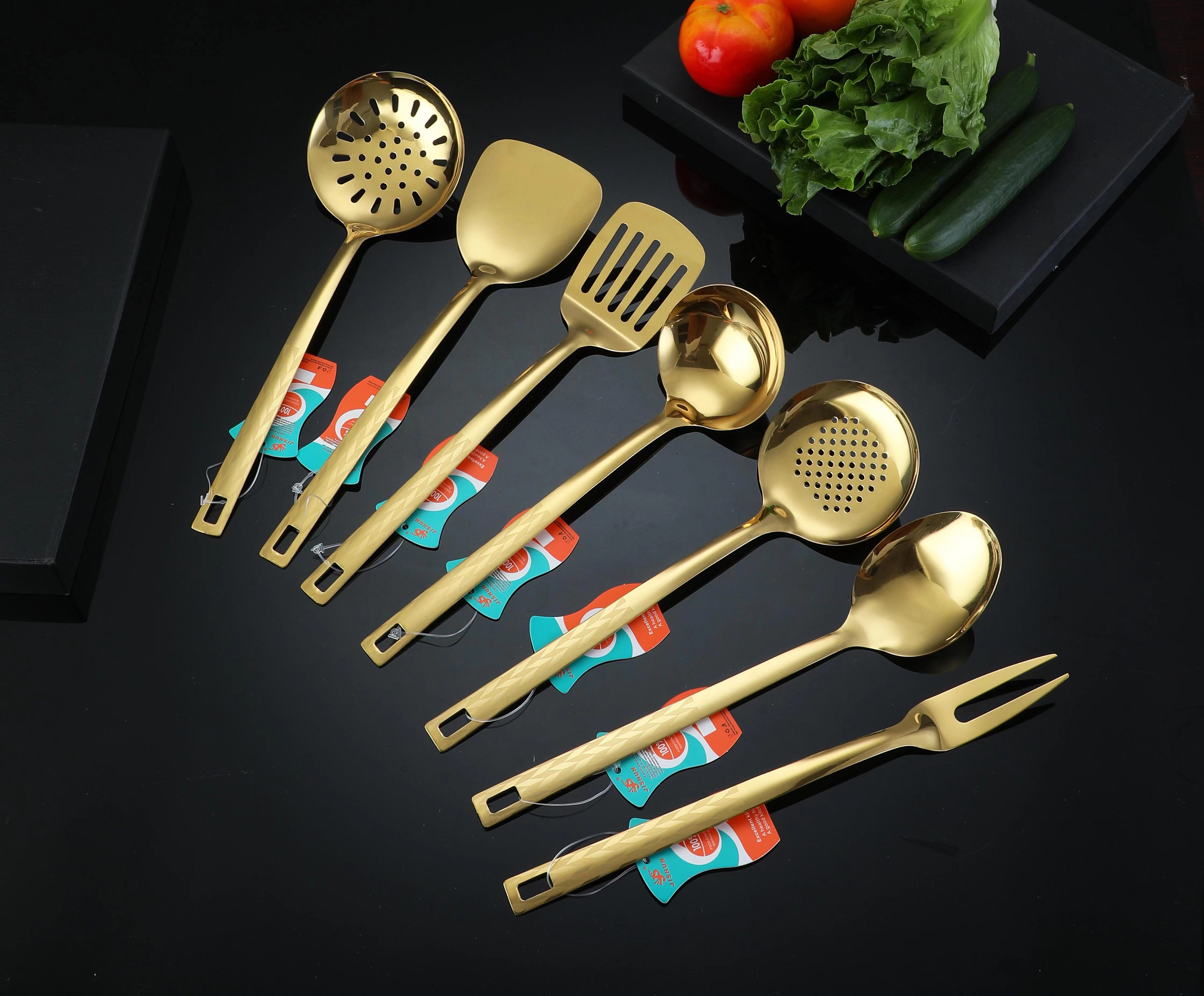 不锈钢餐具0518金色菱形花纹炳厨房餐具套装漏勺炒铲煎铲漏铲汤勺勺子叉子肉叉浅漏勺烹饪工具