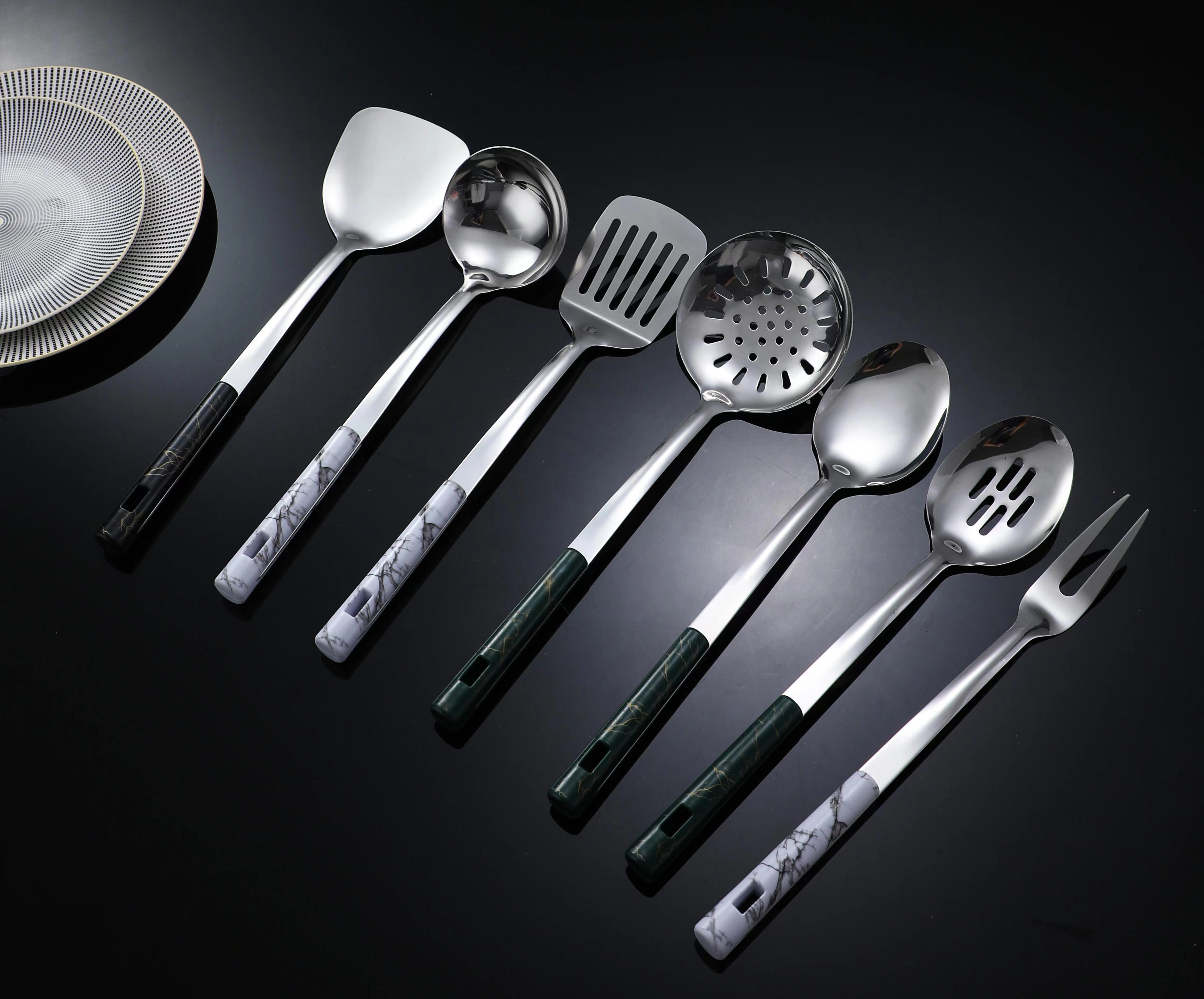 不锈钢餐具0520银色长柄拼接款厨房餐具套装漏勺炒铲煎铲漏铲汤勺勺子饭勺肉叉子